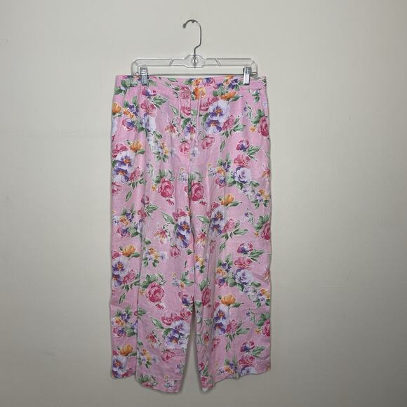 Jones NY 100%‎ Linen Pink All Over Floral Rose Print Cropped Wide Leg Pants 12 - Picture 2 of 11